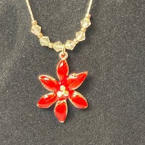 16" Red Enamel Flower Silver Tone Necklace